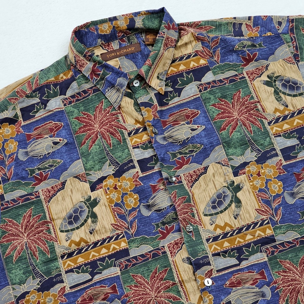 Tori Richard Shirt Mens XL Hawaiian Sea Turtle Fish Tropical Cotton Lawn Aloha
